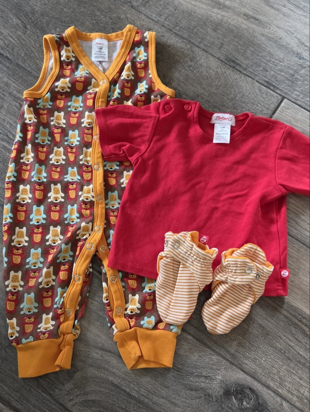 Zutano EUC 12 Months Red Tee, Brown Bear Romper and Striped Booties